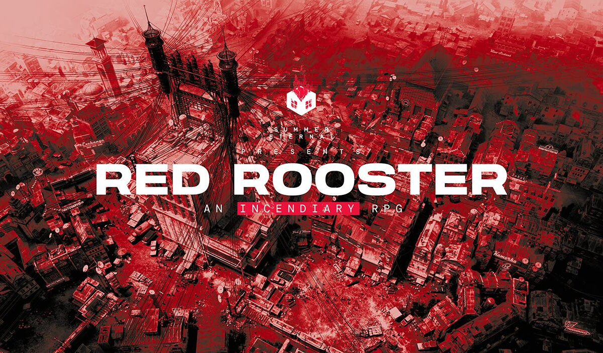 Rot-schwarze Luftaufnahme einer dicht bebauten Stadt mit monumentaler Brückenkonstruktion und zahlreichen Stromleitungen. Im Vordergrund steht der weiße Schriftzug „RED ROOSTER“.