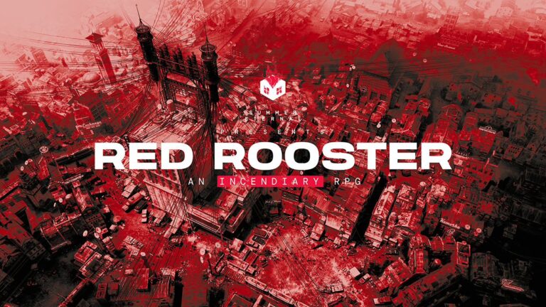 Rot-schwarze Luftaufnahme einer dicht bebauten Stadt mit monumentaler Brückenkonstruktion und zahlreichen Stromleitungen. Im Vordergrund steht der weiße Schriftzug „RED ROOSTER“.