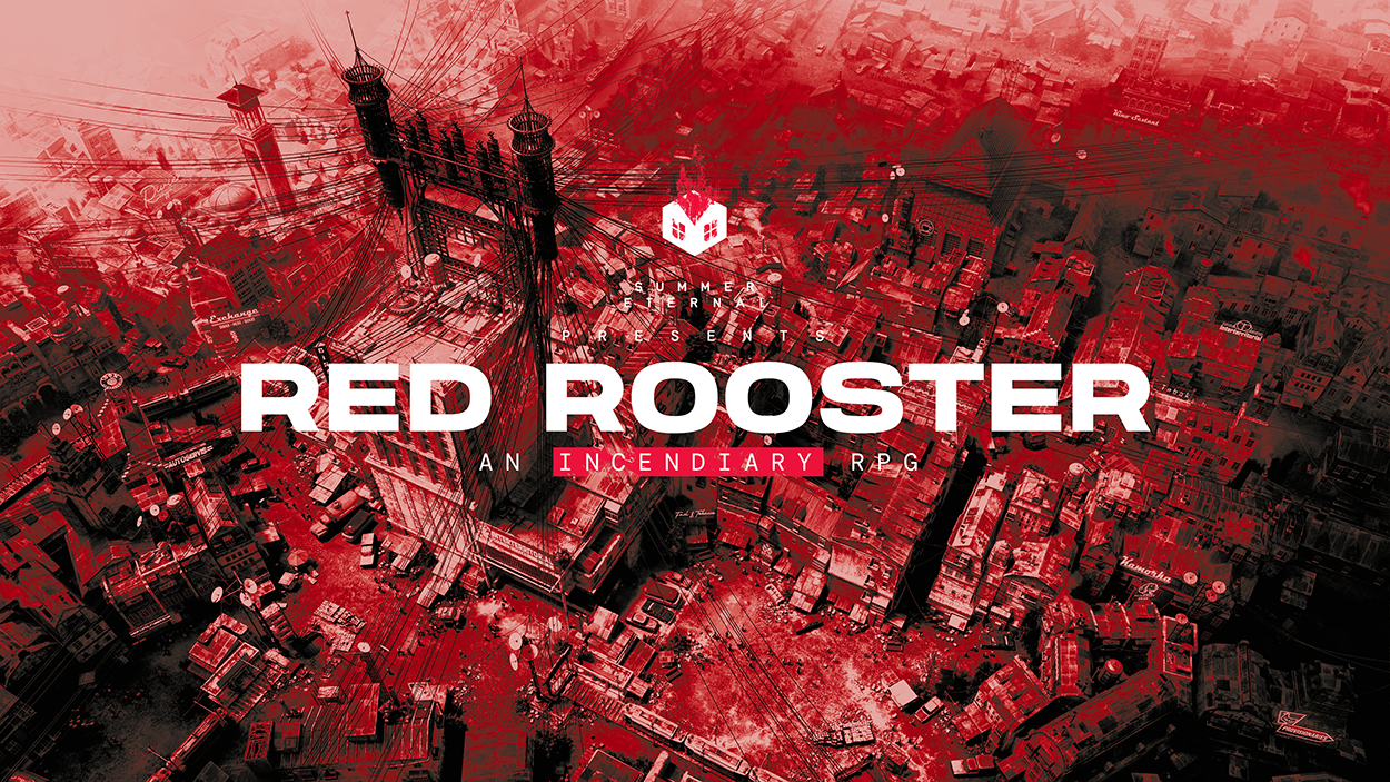 Rot-schwarze Luftaufnahme einer dicht bebauten Stadt mit monumentaler Brückenkonstruktion und zahlreichen Stromleitungen. Im Vordergrund steht der weiße Schriftzug „RED ROOSTER“.