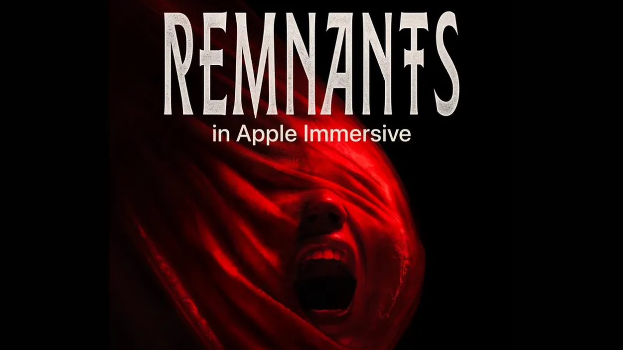 Dunkles Promomotiv zu Remnants mit einer rot beleuchteten schreienden Gestalt und dem Schriftzug „Remnants in Apple Immersive“.