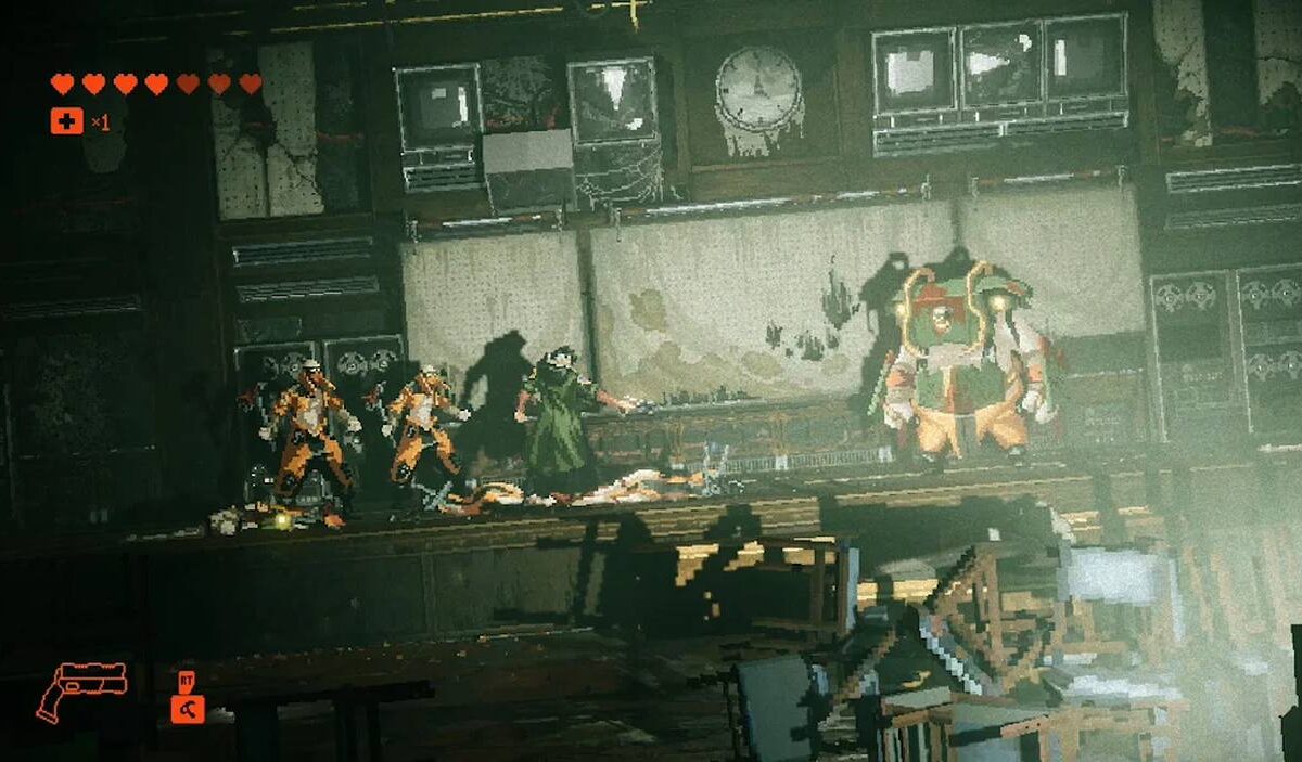 Gameplay-Szene aus REPLACED mit mehreren bewaffneten Figuren und einem großen gepanzerten Gegner in einer düsteren, zerstörten Industriehalle.