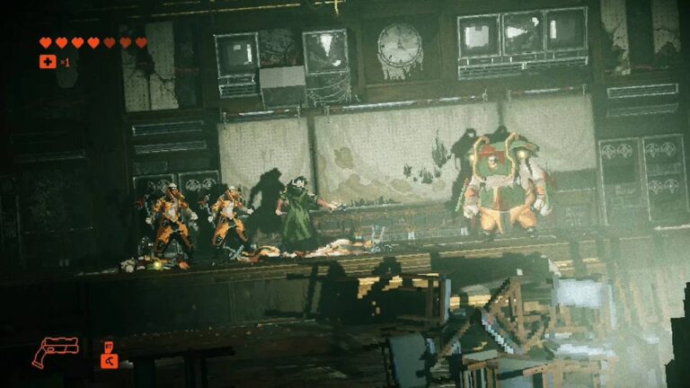 Gameplay-Szene aus REPLACED mit mehreren bewaffneten Figuren und einem großen gepanzerten Gegner in einer düsteren, zerstörten Industriehalle.