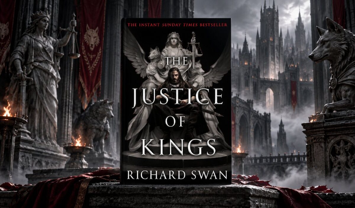 Das Cover von The Justice of Kings steht vor einer düsteren Fantasykulisse mit monumentaler Architektur, Wolfsstatuen und rotem Stoff.