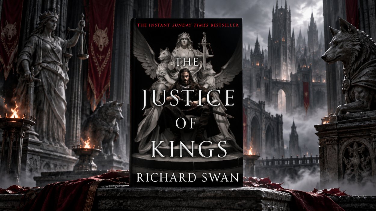 Das Cover von The Justice of Kings steht vor einer düsteren Fantasykulisse mit monumentaler Architektur, Wolfsstatuen und rotem Stoff.