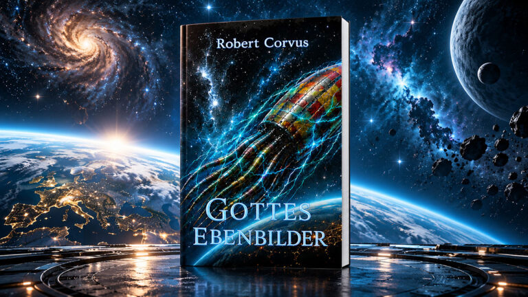 Das Hardcover Gottes Ebenbilder von Robert Corvus steht auf einer futuristischen Plattform vor einer spektakulären Weltraumlandschaft. Auf dem Buchcover ist ein farbenprächtiges außerirdisches Raumschiff mit langen metallischen Ausläufern zu sehen. Im Hintergrund erscheinen die Erde, eine leuchtende Spiralgalaxie, blaue Sternennebel, Asteroiden und ein großer dunkler Planet.