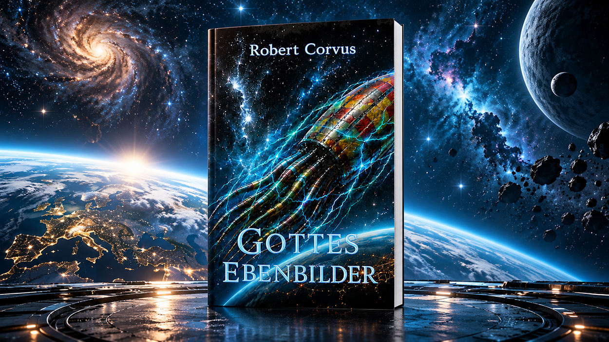 Das Hardcover Gottes Ebenbilder von Robert Corvus steht auf einer futuristischen Plattform vor einer spektakulären Weltraumlandschaft. Auf dem Buchcover ist ein farbenprächtiges außerirdisches Raumschiff mit langen metallischen Ausläufern zu sehen. Im Hintergrund erscheinen die Erde, eine leuchtende Spiralgalaxie, blaue Sternennebel, Asteroiden und ein großer dunkler Planet.