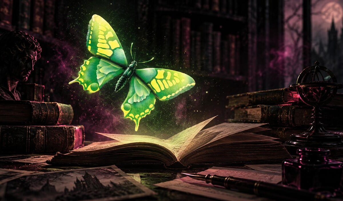Ein leuchtend grüner Schmetterling schwebt über einem aufgeschlagenen alten Buch in einer dunklen Bibliothek voller antiker Bände und magischer Atmosphäre.