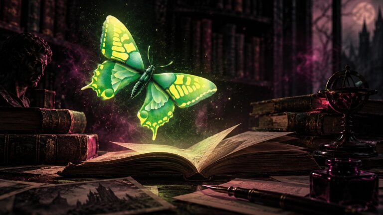 Ein leuchtend grüner Schmetterling schwebt über einem aufgeschlagenen alten Buch in einer dunklen Bibliothek voller antiker Bände und magischer Atmosphäre.