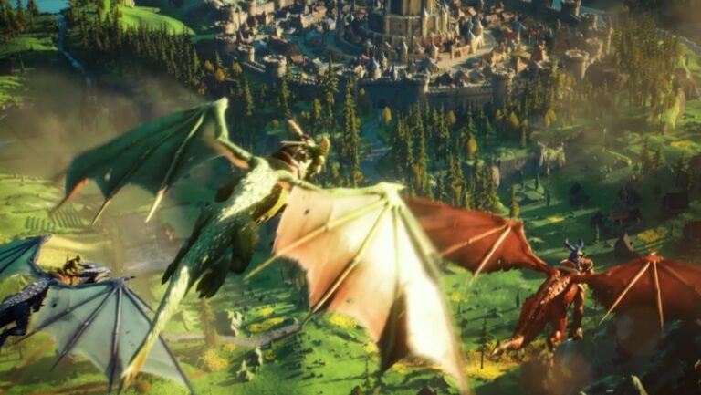 Mehrere Reiter fliegen auf Drachen über eine weitläufige grüne Fantasylandschaft mit einer großen befestigten Stadt im neuen RuneScape-MMO RS4.