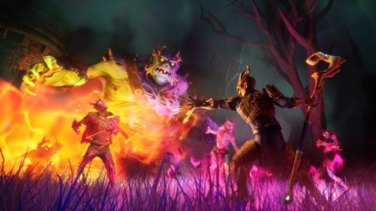 Magier kämpft in einer düsteren Fantasylandschaft gegen einen riesigen Troll und mehrere leuchtende Kreaturen aus der Welt von RuneScape.