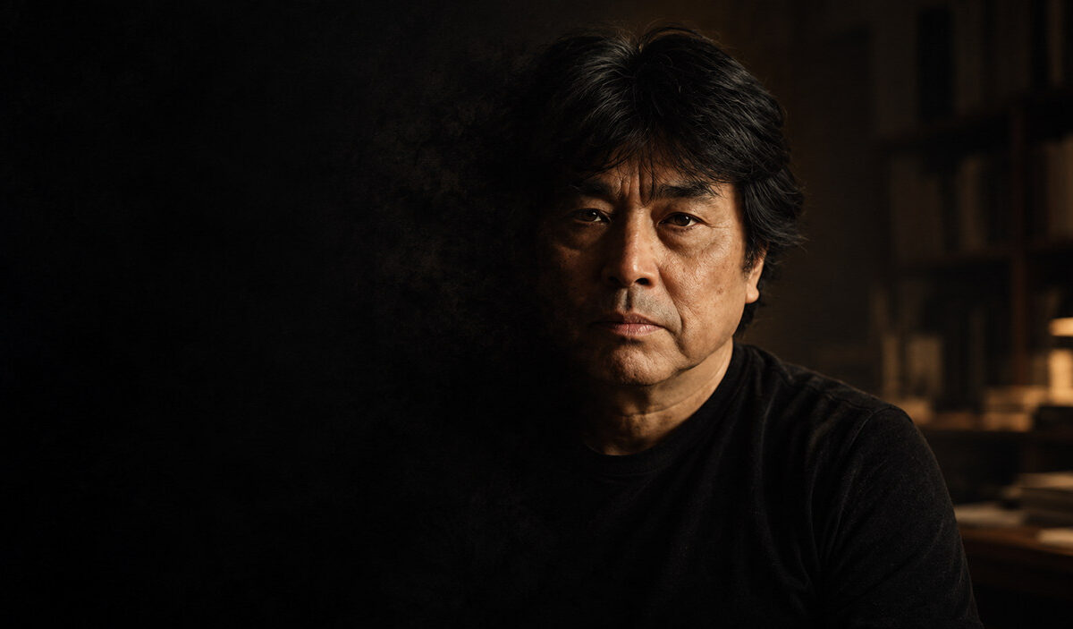 Nachdenkliches Porträt von Ryū Murakami, dessen Gesicht links langsam im Schatten verschwindet.