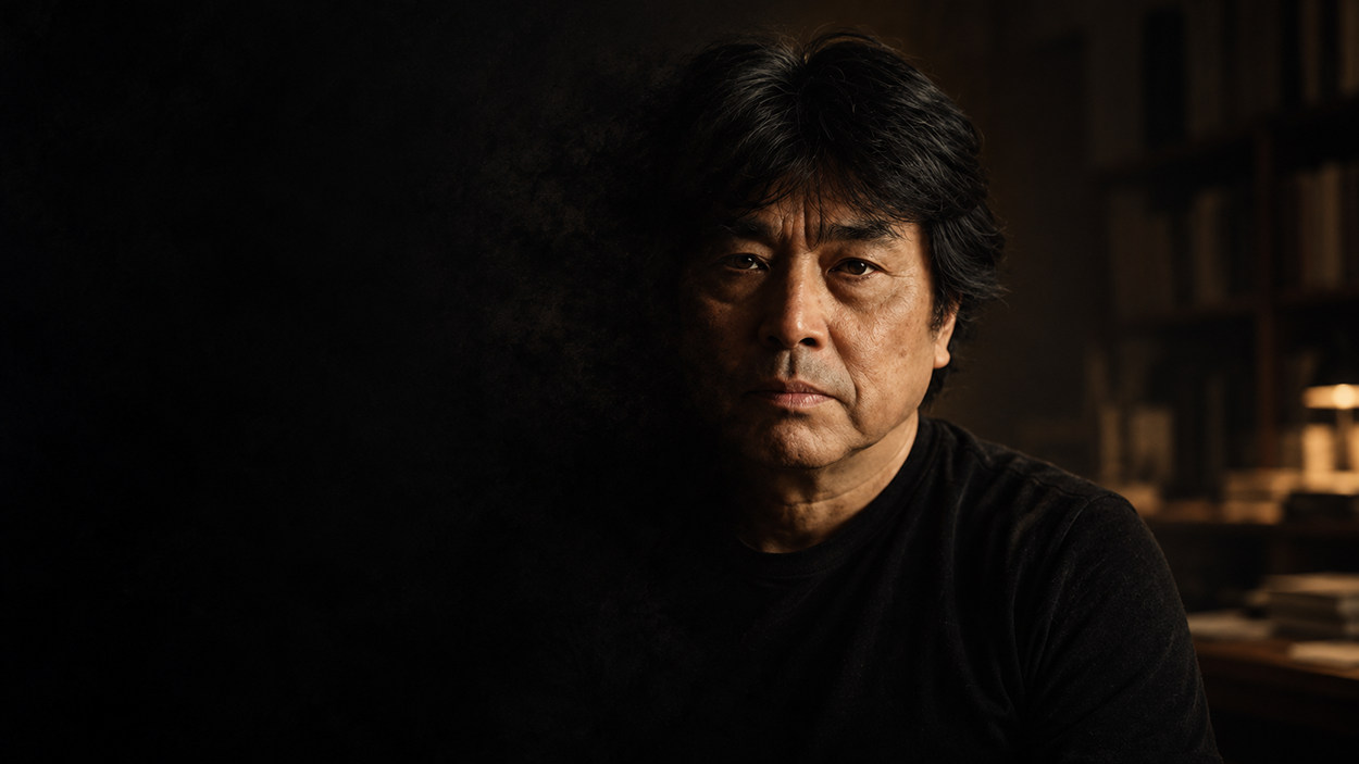 Nachdenkliches Porträt von Ryū Murakami, dessen Gesicht links langsam im Schatten verschwindet.