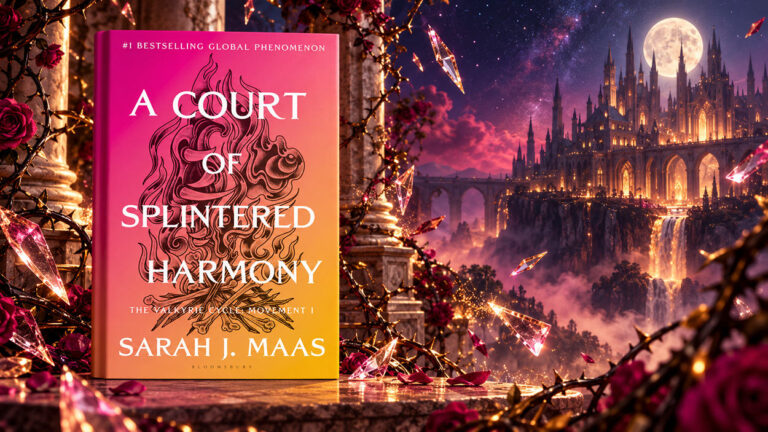 Offizielles Cover von A Court of Splintered Harmony von Sarah J. Maas vor einer magischen Fantasy-Landschaft mit Burg, Bergen und rosa-violettem Himmel.