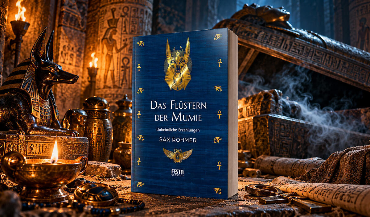 KI-generierte redaktionelle Buchmontage zu Das Flüstern der Mumie von Sax Rohmer. Das tiefblaue Buchcover mit goldenem Anubiskopf steht in einer altägyptischen Grabkammer. Links befinden sich eine schwarze Anubis-Statue und brennende Öllampen. Rechts steigt geisterhafter Nebel aus einem geöffneten Sarkophag. Hieroglyphen und antike Grabbeigaben umgeben das Buch.