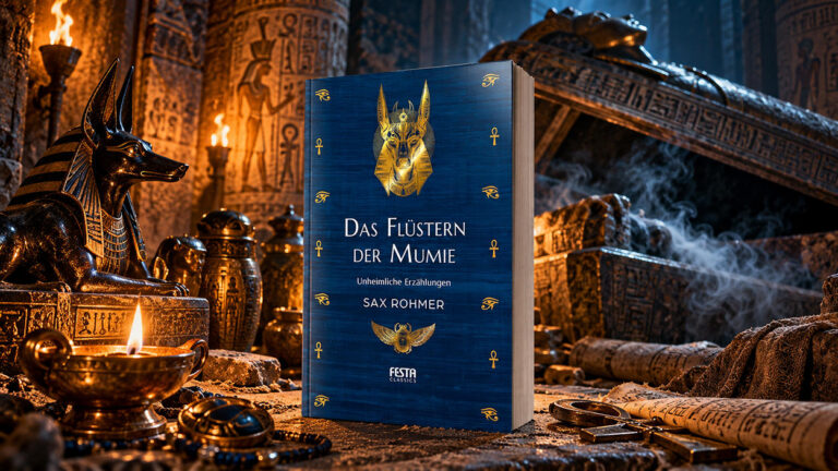 KI-generierte redaktionelle Buchmontage zu Das Flüstern der Mumie von Sax Rohmer. Das tiefblaue Buchcover mit goldenem Anubiskopf steht in einer altägyptischen Grabkammer. Links befinden sich eine schwarze Anubis-Statue und brennende Öllampen. Rechts steigt geisterhafter Nebel aus einem geöffneten Sarkophag. Hieroglyphen und antike Grabbeigaben umgeben das Buch.