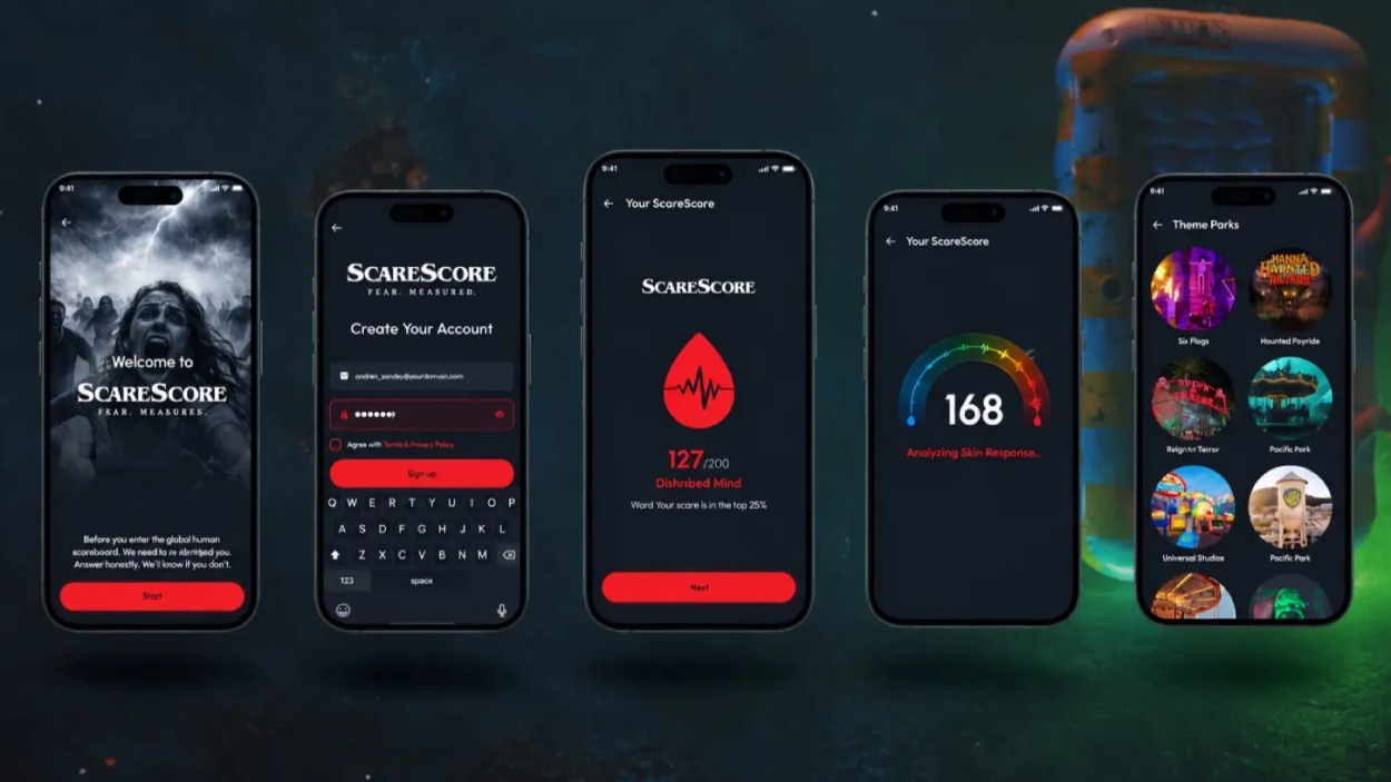 Mehrere Smartphone-Ansichten der ScareScore-App zeigen biometrische Horrorwertungen, Pulskurven und gemessene Schreckreaktionen.