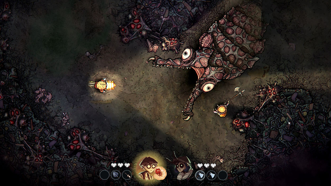 Gameplay-Szene aus Silk & Sorrow mit einer riesigen, vieläugigen Monsterkreatur in einer düsteren Höhle. Zwei kleine Spielfiguren stehen der Bedrohung gegenüber, während eine leuchtende Kreatur die Dunkelheit erhellt.