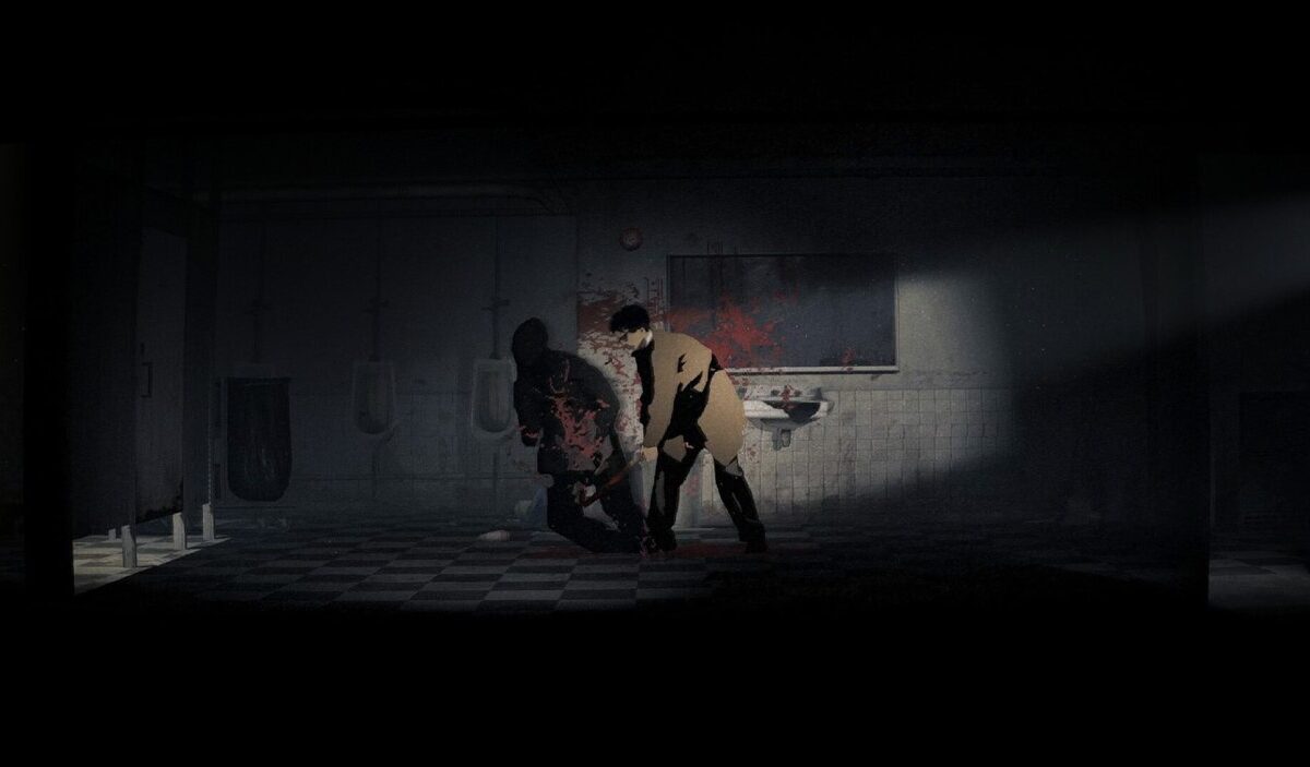 Privatdetektiv Red Walker kämpft in Silver Pines in einem dunklen gefliesten Raum gegen eine schemenhafte Kreatur.