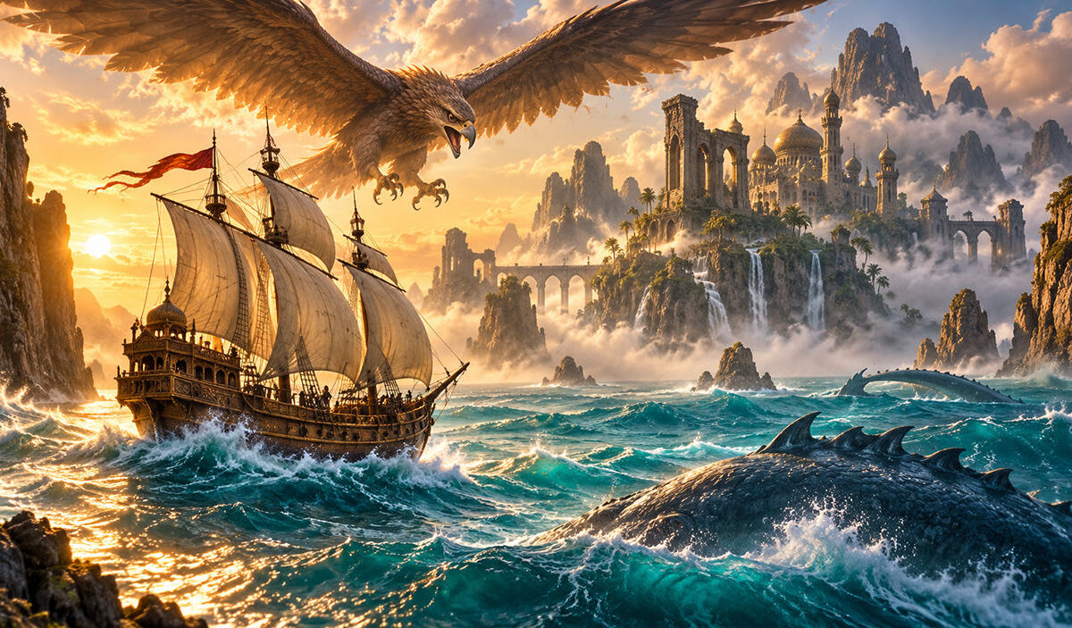 Großes Fantasymeer mit einem Segelschiff im Stil von Sindbad, einem riesigen Greifvogel am Himmel, einer prachtvollen Ruinenstadt auf Felsen und einem Meeresungeheuer im Vordergrund