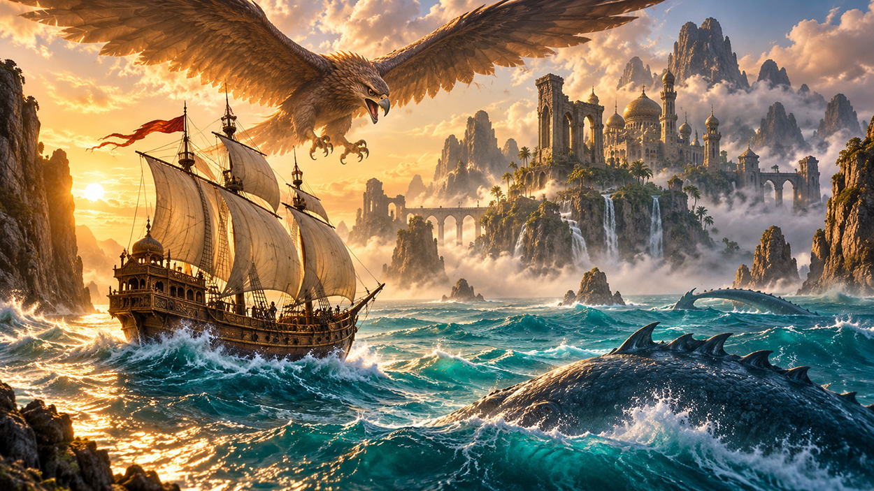 Großes Fantasymeer mit einem Segelschiff im Stil von Sindbad, einem riesigen Greifvogel am Himmel, einer prachtvollen Ruinenstadt auf Felsen und einem Meeresungeheuer im Vordergrund