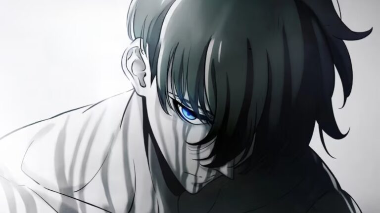 Sung Jin-woo aus Solo Leveling ist in einer kontrastreichen Nahaufnahme mit leuchtend blauem Auge zu sehen.