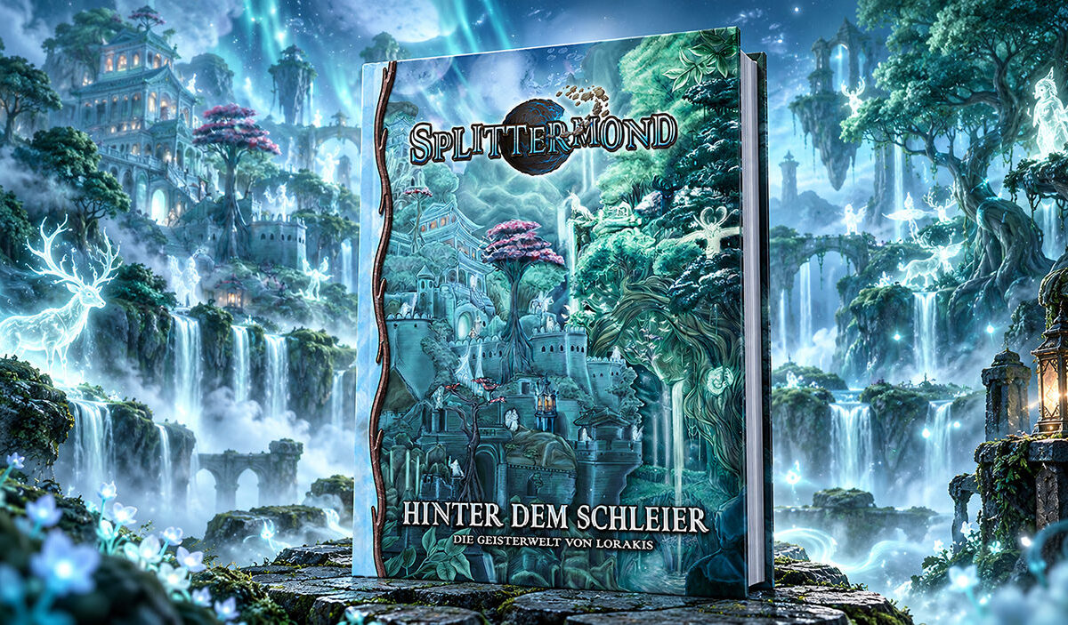 Fantasy-Illustration mit dem aufrecht stehenden Splittermond-Quellenband Hinter dem Schleier auf einem moosbewachsenen Steinsockel. Im Hintergrund erstreckt sich eine türkisblau leuchtende Geisterwelt mit schwebenden Inseln, mächtigen Wasserfällen, verwunschenen Tempeln und durchscheinenden Hirsch- und Geistergestalten.