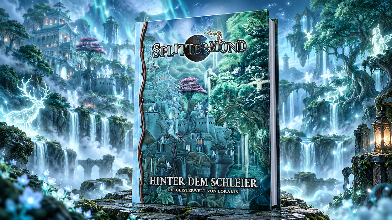 Fantasy-Illustration mit dem aufrecht stehenden Splittermond-Quellenband Hinter dem Schleier auf einem moosbewachsenen Steinsockel. Im Hintergrund erstreckt sich eine türkisblau leuchtende Geisterwelt mit schwebenden Inseln, mächtigen Wasserfällen, verwunschenen Tempeln und durchscheinenden Hirsch- und Geistergestalten.