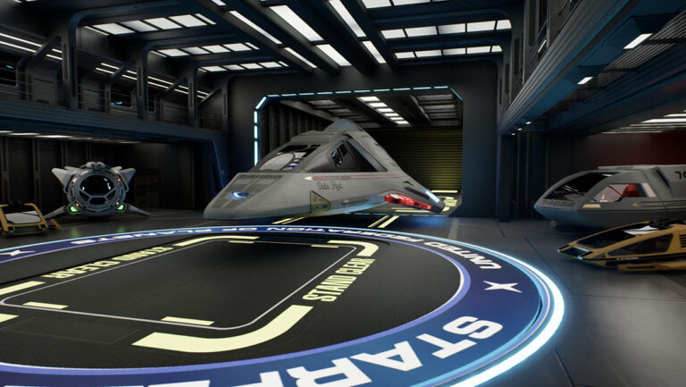 Screenshot aus dem Star Trek Voyager Game Project: Der Delta Flyer steht im detailreich nachgebauten Shuttlehangar der USS Voyager, umgeben von mehreren weiteren Shuttlefahrzeugen.