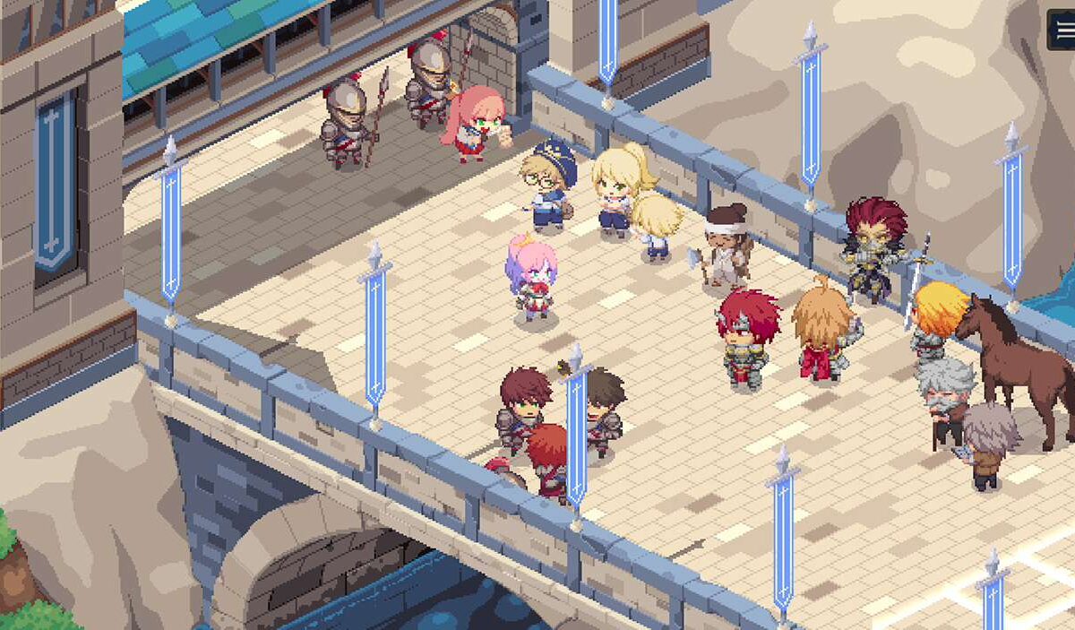 Mehrere Pixel-Art-Fantasyfiguren stehen auf einer befestigten Brücke in einer Szene aus STARDUST: Wish of Witch.