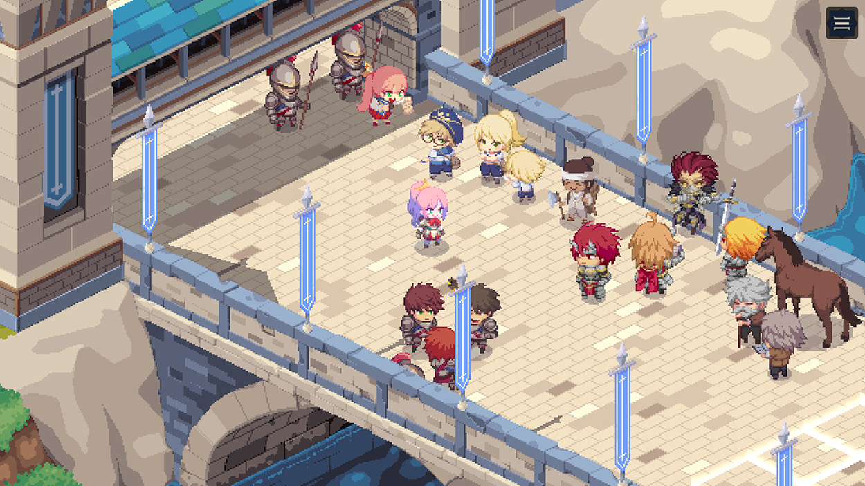 Mehrere Pixel-Art-Fantasyfiguren stehen auf einer befestigten Brücke in einer Szene aus STARDUST: Wish of Witch.
