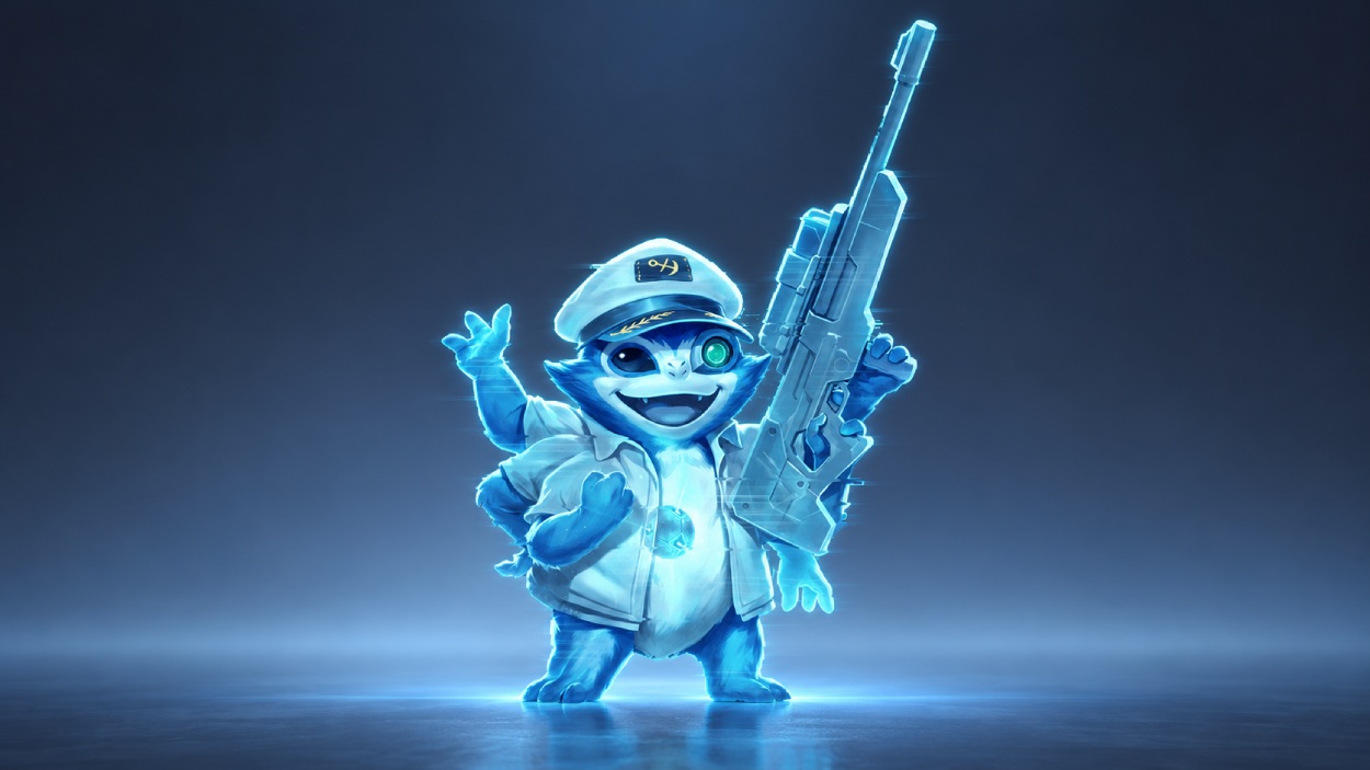 Blau schimmerndes lebendes Hologramm in kapitänsartiger Uniform mit futuristischem Gewehr vor neutralem 16:9-Hintergrund.