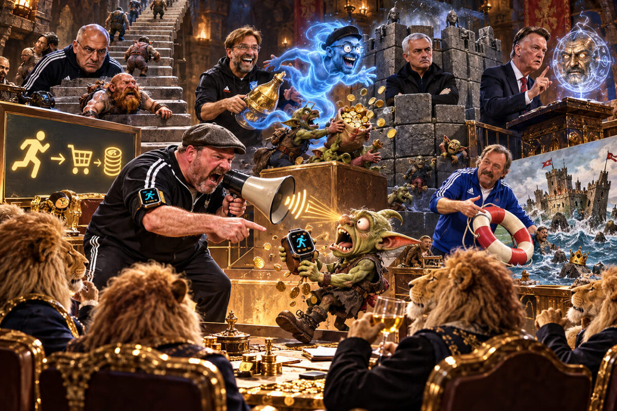 Satirische Fantasy-Illustration: Steffen Baumgart mit Schiebermütze brüllt einen Goblin an, während bekannte Fußballtrainer in einer mittelalterlichen Investorenhöhle absurde Erfindungen präsentieren.