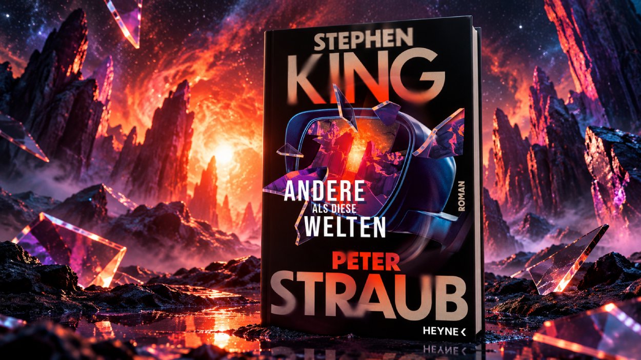 Das Buchcover von „Andere als diese Welten“ von Stephen King und Peter Straub steht vor einem dunklen, atmosphärischen Hintergrund mit leuchtendem Portal und fantastischer Stimmung.