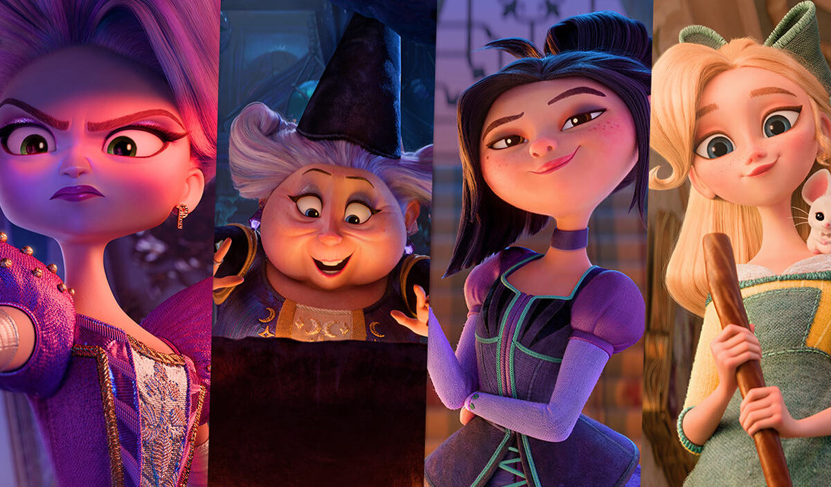 Vier nebeneinander angeordnete Charakterporträts aus dem Netflix-Animationsfilm Steps: eine streng blickende Frau in Violett, eine ältere Fee mit spitzem Hut, eine lächelnde dunkelhaarige junge Frau und eine blonde Frau mit einem kleinen weißen Tier auf der Schulter.