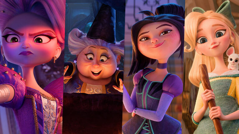 Vier nebeneinander angeordnete Charakterporträts aus dem Netflix-Animationsfilm Steps: eine streng blickende Frau in Violett, eine ältere Fee mit spitzem Hut, eine lächelnde dunkelhaarige junge Frau und eine blonde Frau mit einem kleinen weißen Tier auf der Schulter.