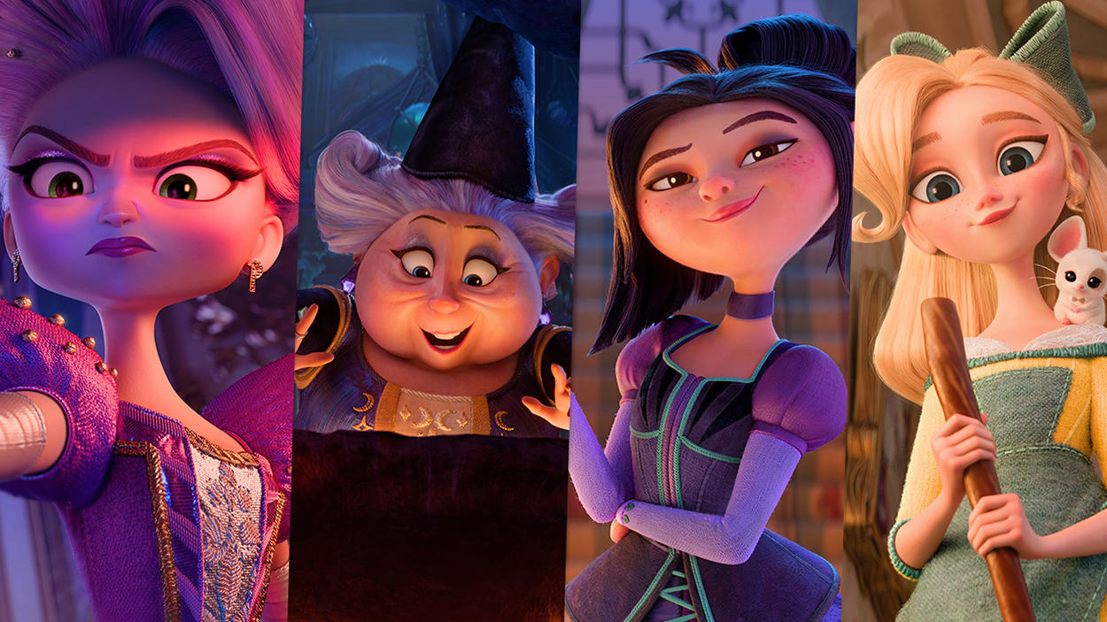 Vier nebeneinander angeordnete Charakterporträts aus dem Netflix-Animationsfilm Steps: eine streng blickende Frau in Violett, eine ältere Fee mit spitzem Hut, eine lächelnde dunkelhaarige junge Frau und eine blonde Frau mit einem kleinen weißen Tier auf der Schulter.