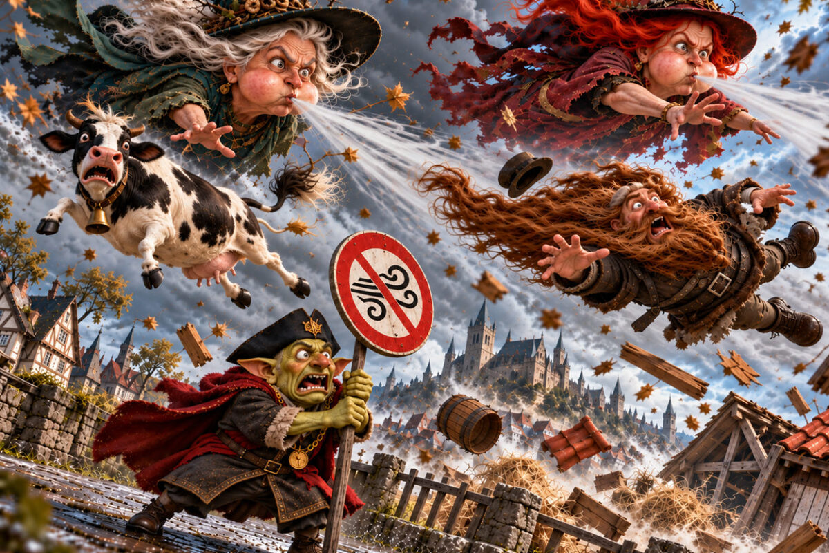 Satirische Fantasy-Illustration zum Sturm Luise und Manja: Zwei Windhexen mit aufgeblasenen Backen entfesseln gewaltige Sturmböen. Eine Kuh und ein langbärtiger Zwerg fliegen durch die Luft, während ein Goblin-Bürgermeister verzweifelt ein Windverbotsschild festhält.