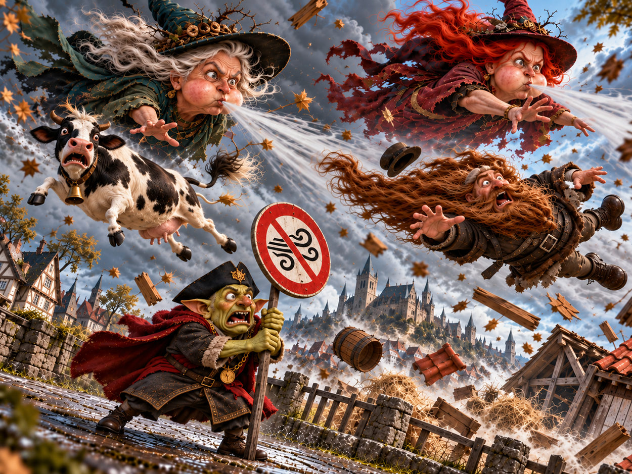 Satirische Fantasy-Illustration zur Tabaksteuer-Panne: Ein panischer Goblin-Minister stempelt Gesetzesrollen ab. Neben ihm protestieren der Sensenmann und ein bärtiger Zwerg, während ein roter Drache durchs Fenster schaut.
