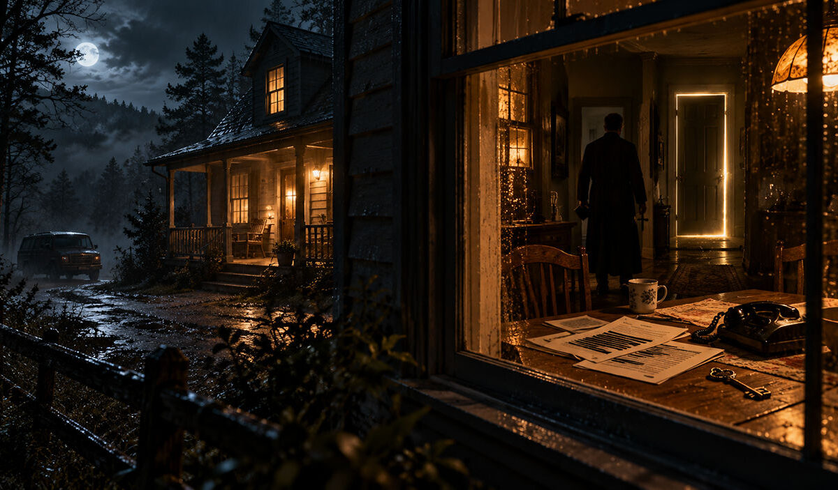 Ein düsteres, abgelegenes Haus in einer regnerischen Nacht, umgeben von Wald und unheilvoller Atmosphäre – eine stimmungsvolle Horrorillustration zu Summoner.