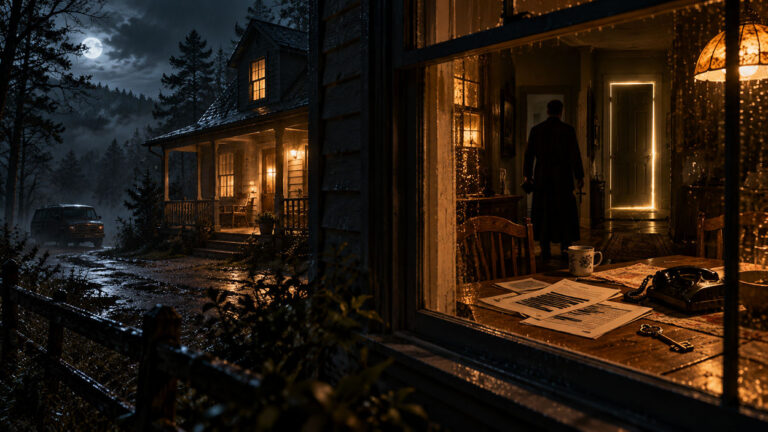 Ein düsteres, abgelegenes Haus in einer regnerischen Nacht, umgeben von Wald und unheilvoller Atmosphäre – eine stimmungsvolle Horrorillustration zu Summoner.