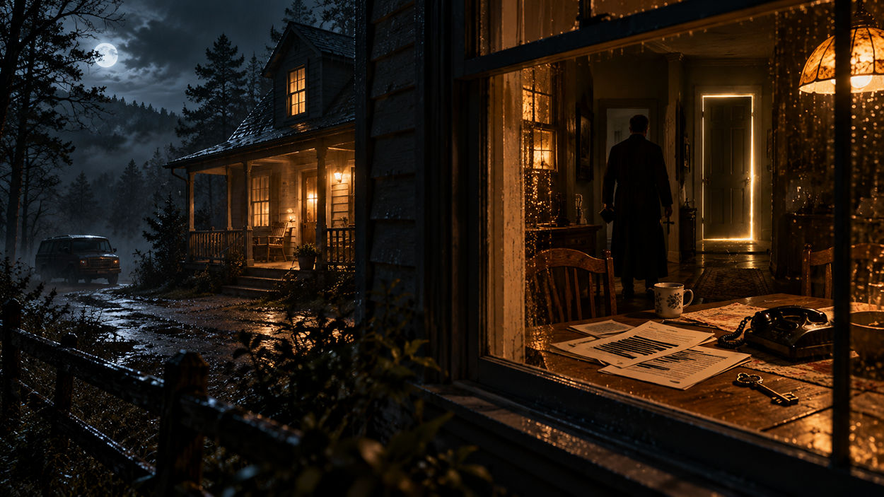 Ein düsteres, abgelegenes Haus in einer regnerischen Nacht, umgeben von Wald und unheilvoller Atmosphäre – eine stimmungsvolle Horrorillustration zu Summoner.