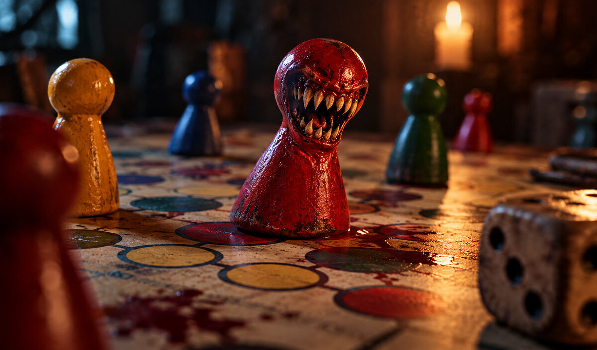 Ein roter Spielpöppel mit einem riesigen, weit aufgerissenen Monstermund voller messerscharfer Zähne steht auf einem Mensch-ärgere-dich-nicht-Spielbrett. Um ihn herum befinden sich gelbe, blaue und grüne Spielfiguren. Rechts liegt ein Würfel, während Kerzenlicht die düstere Szene beleuchtet.