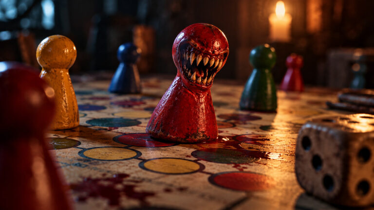 Ein roter Spielpöppel mit einem riesigen, weit aufgerissenen Monstermund voller messerscharfer Zähne steht auf einem Mensch-ärgere-dich-nicht-Spielbrett. Um ihn herum befinden sich gelbe, blaue und grüne Spielfiguren. Rechts liegt ein Würfel, während Kerzenlicht die düstere Szene beleuchtet.
