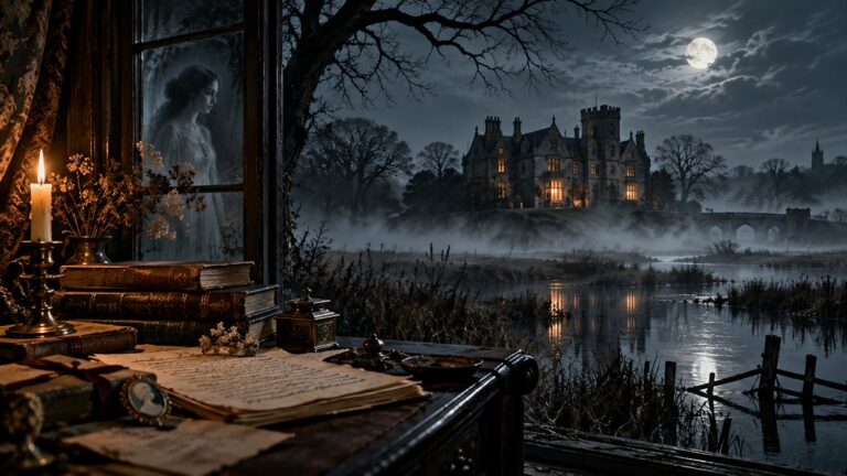 Nächtliches Gothic-Anwesen im Nebel mit Vollmond, alten Büchern, Kerzenlicht und einer geisterhaften Frau am Fenster.