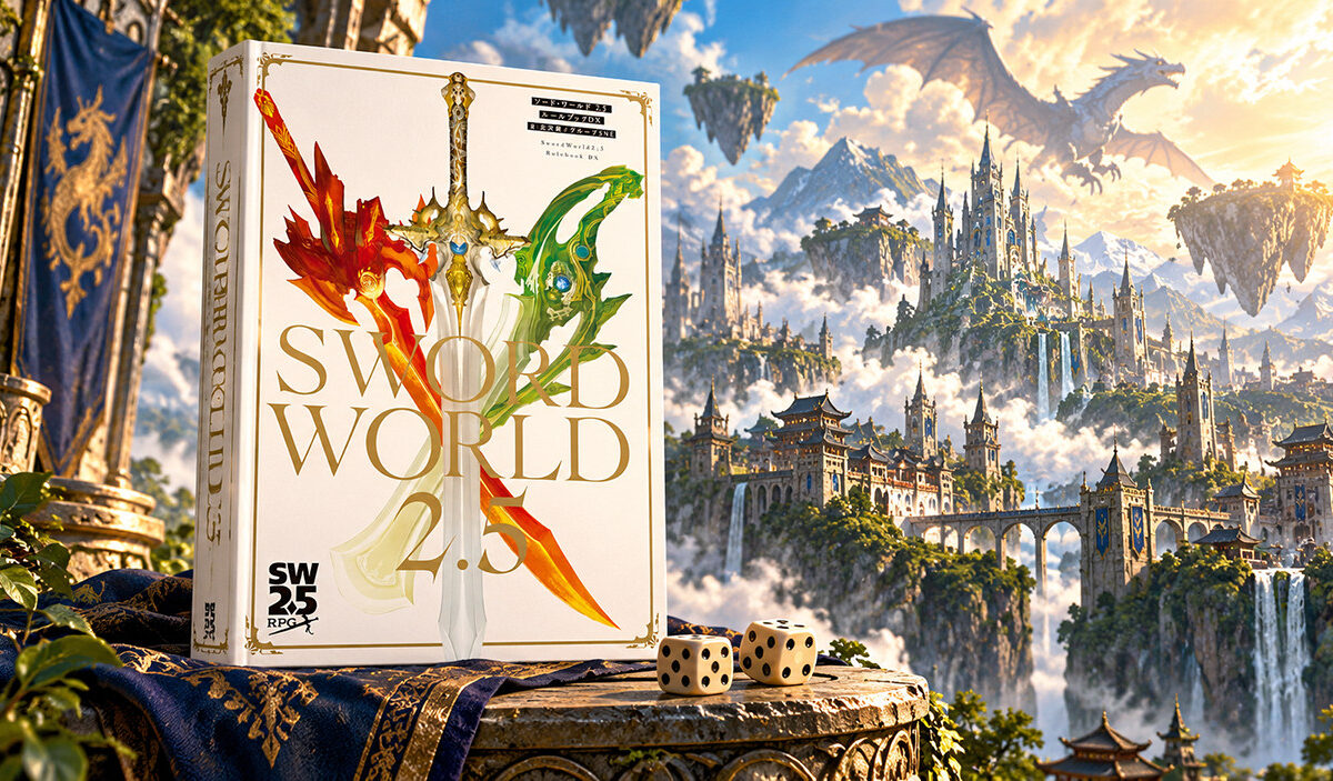 Das japanische Regelbuch Sword World 2.5 mit drei kunstvoll verzierten Schwertern auf weißem Cover steht auf einem steinernen Sockel. Im Hintergrund erstreckt sich eine prachtvolle Fantasylandschaft mit schwebenden Inseln, riesigen Burgen, Wasserfällen und einem fliegenden Drachen.