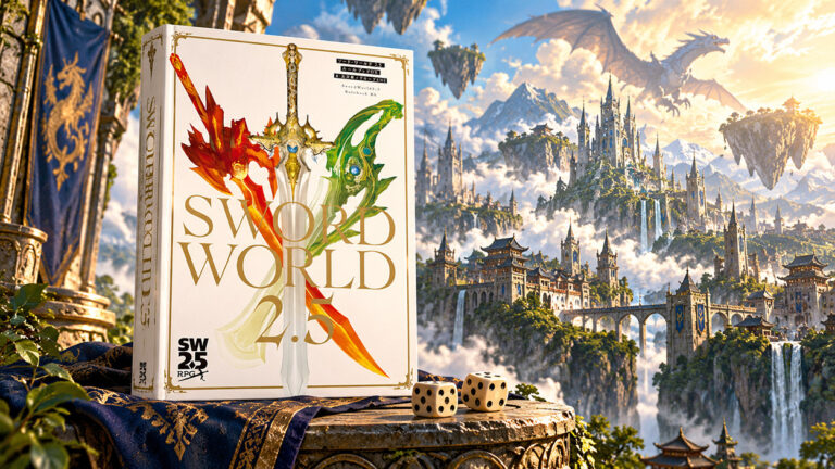 Das japanische Regelbuch Sword World 2.5 mit drei kunstvoll verzierten Schwertern auf weißem Cover steht auf einem steinernen Sockel. Im Hintergrund erstreckt sich eine prachtvolle Fantasylandschaft mit schwebenden Inseln, riesigen Burgen, Wasserfällen und einem fliegenden Drachen.