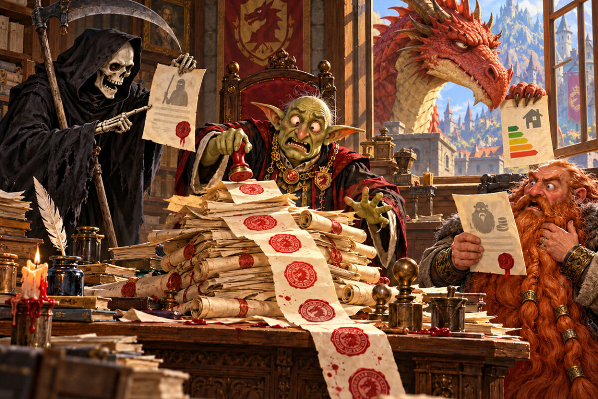 Satirische Fantasy-Illustration zur Tabaksteuer-Panne: Ein panischer Goblin-Minister stempelt Gesetzesrollen ab. Neben ihm protestieren der Sensenmann und ein bärtiger Zwerg, während ein roter Drache durchs Fenster schaut.
