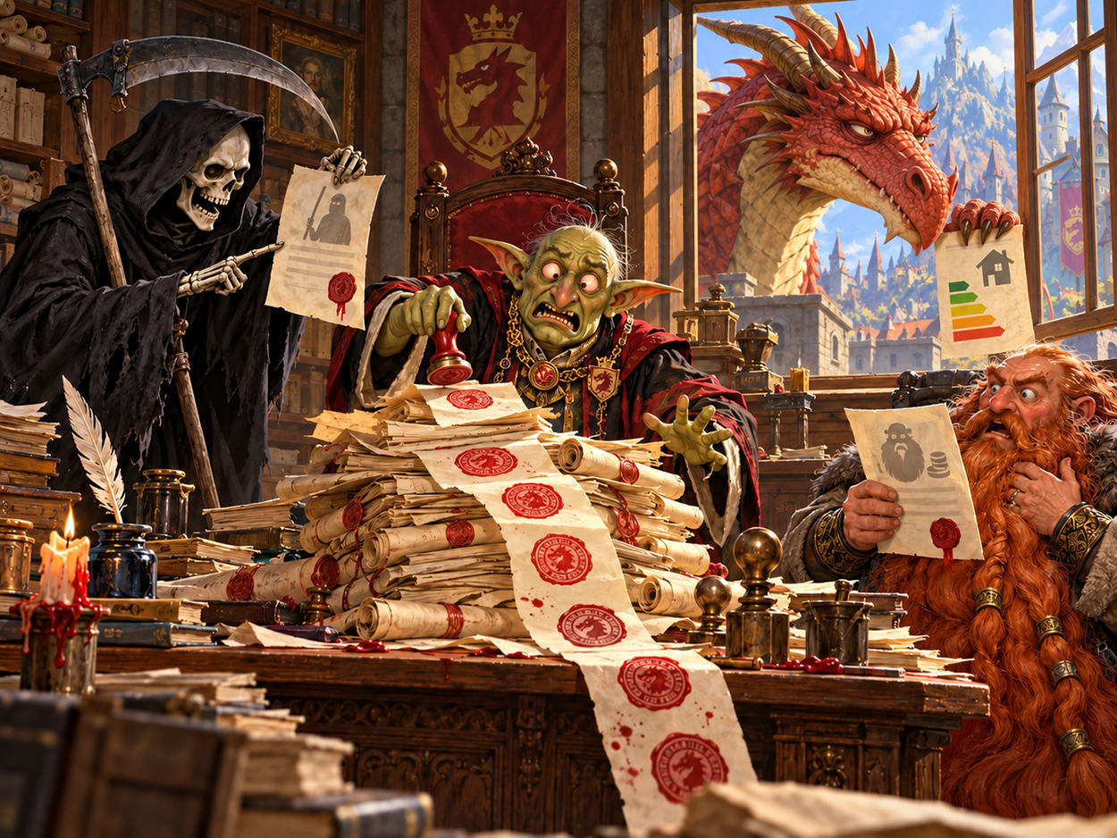 Satirische Fantasy-Illustration zur Tabaksteuer-Panne: Ein panischer Goblin-Minister stempelt Gesetzesrollen ab. Neben ihm protestieren der Sensenmann und ein bärtiger Zwerg, während ein roter Drache durchs Fenster schaut.