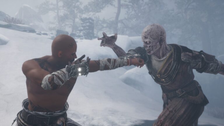 Spieler kämpft mit bloßen Fäusten gegen einen untoten Gegner in einer verschneiten Landschaft aus Tainted Grail: The Fall of Avalon – Fists of Fury.