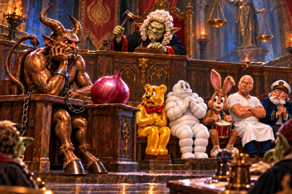 Satirische Fantasy-Illustration: Der bronzene Teufel von Esslingen sitzt mit einer roten Zwiebel vor einem Goblinrichter. Neben ihm warten Goldbär, Michelin-Männchen, Duracell-Hase, Meister Proper und Käpt’n Iglo auf ihr Urteil.
